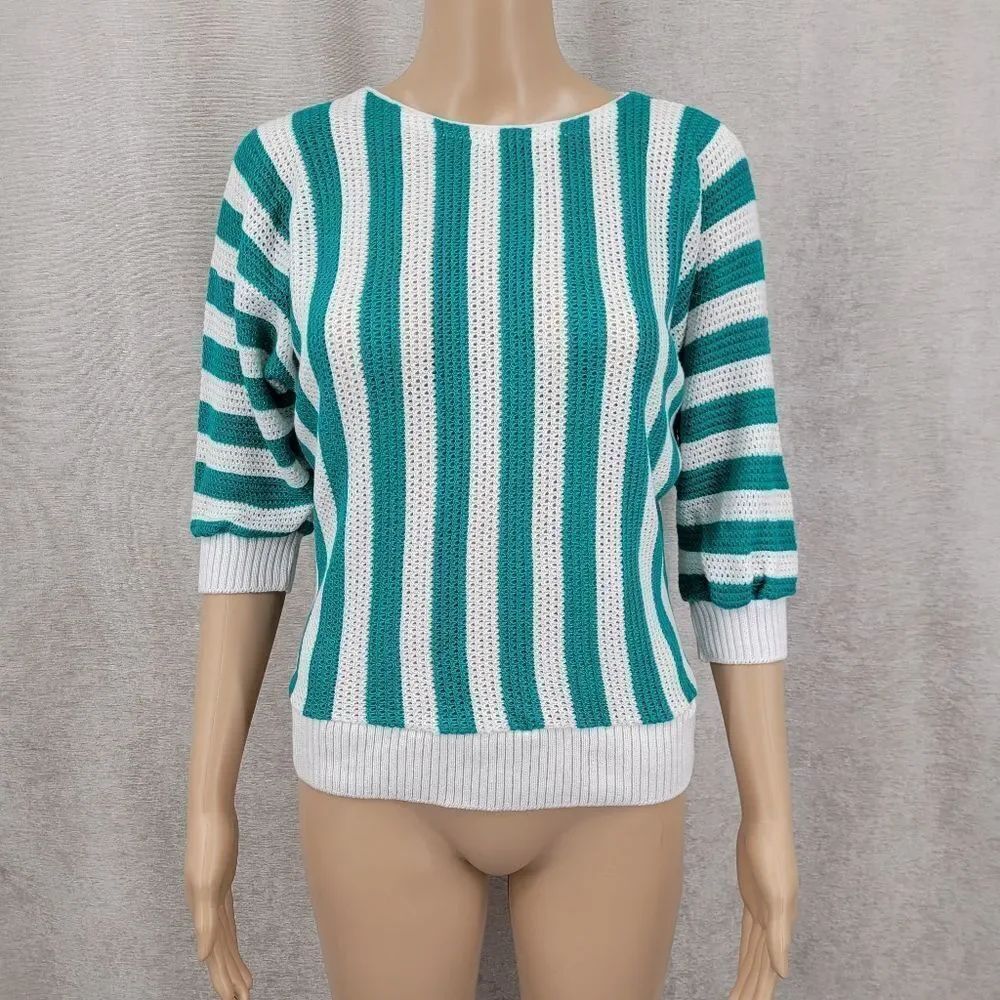 Vintage 80s Striped Teal Green and White Women's Sweater Pointelle Nautical
